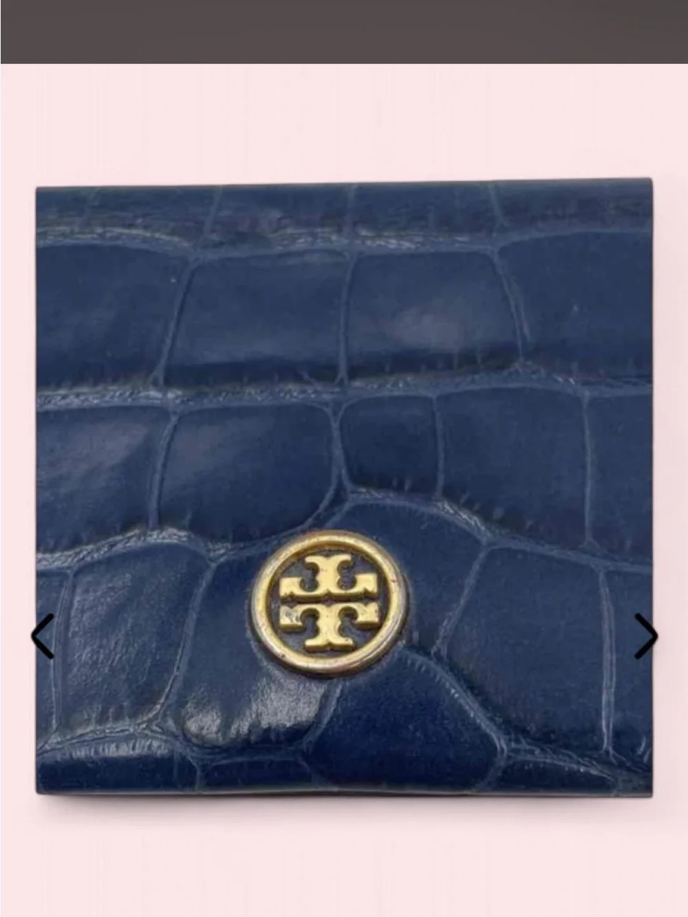 Tory Burch Navy Croc-Embossed Bifold card case holder with Gold Logo